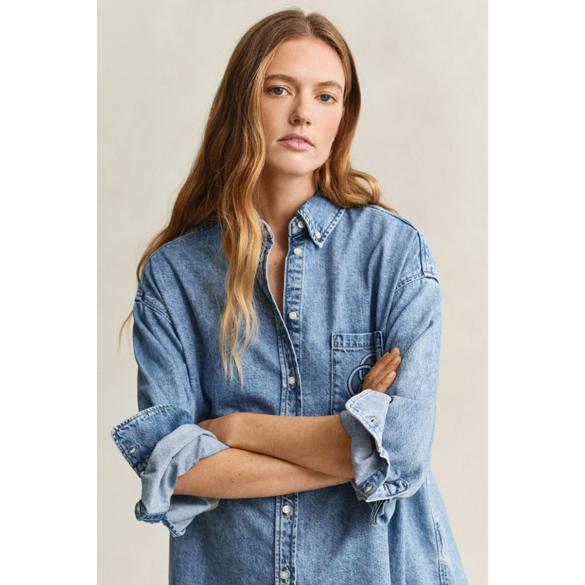 GANT Embroidered Denim Shirt In Light Blue