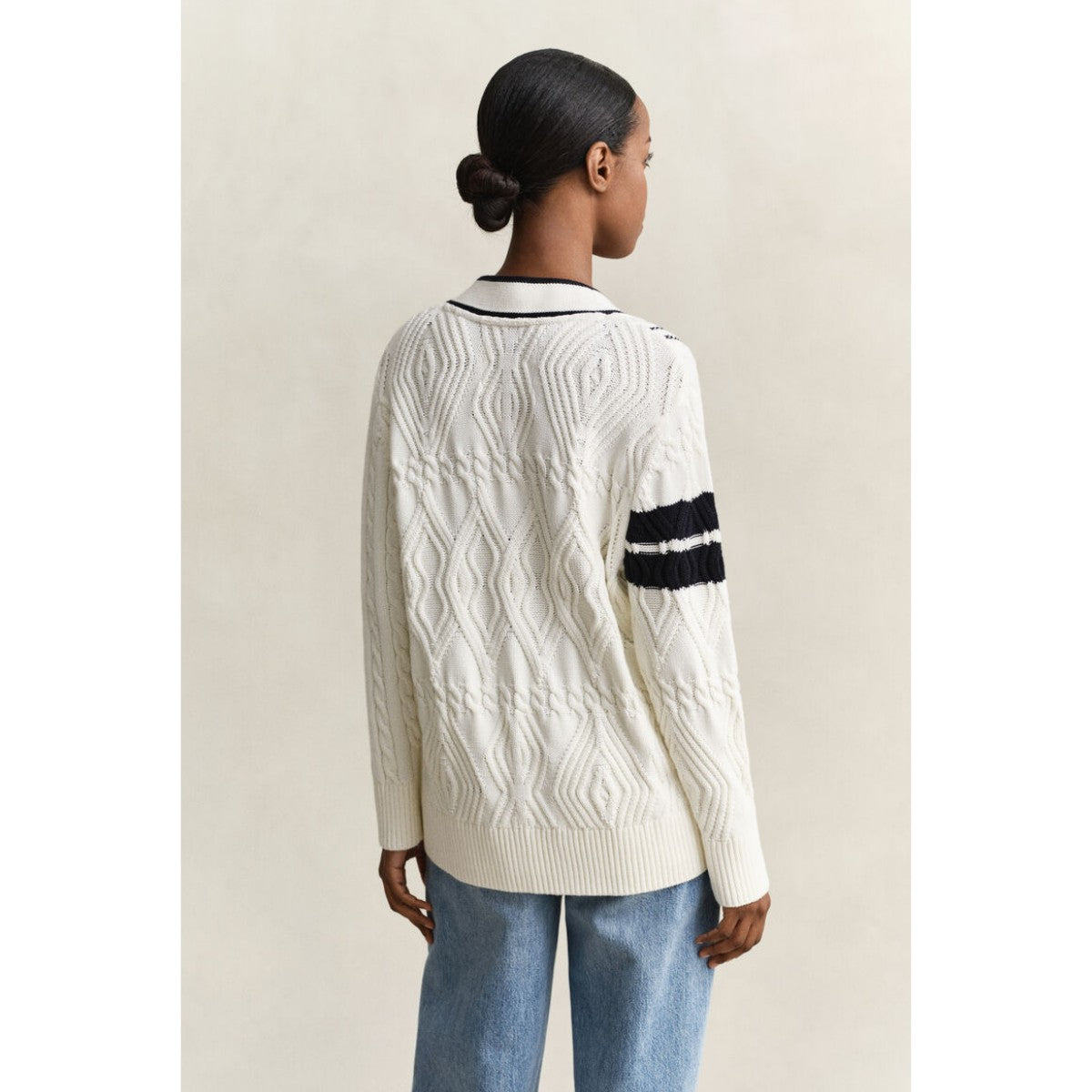 GANT Varsity Cable Knit Cardigan In Eggshell
