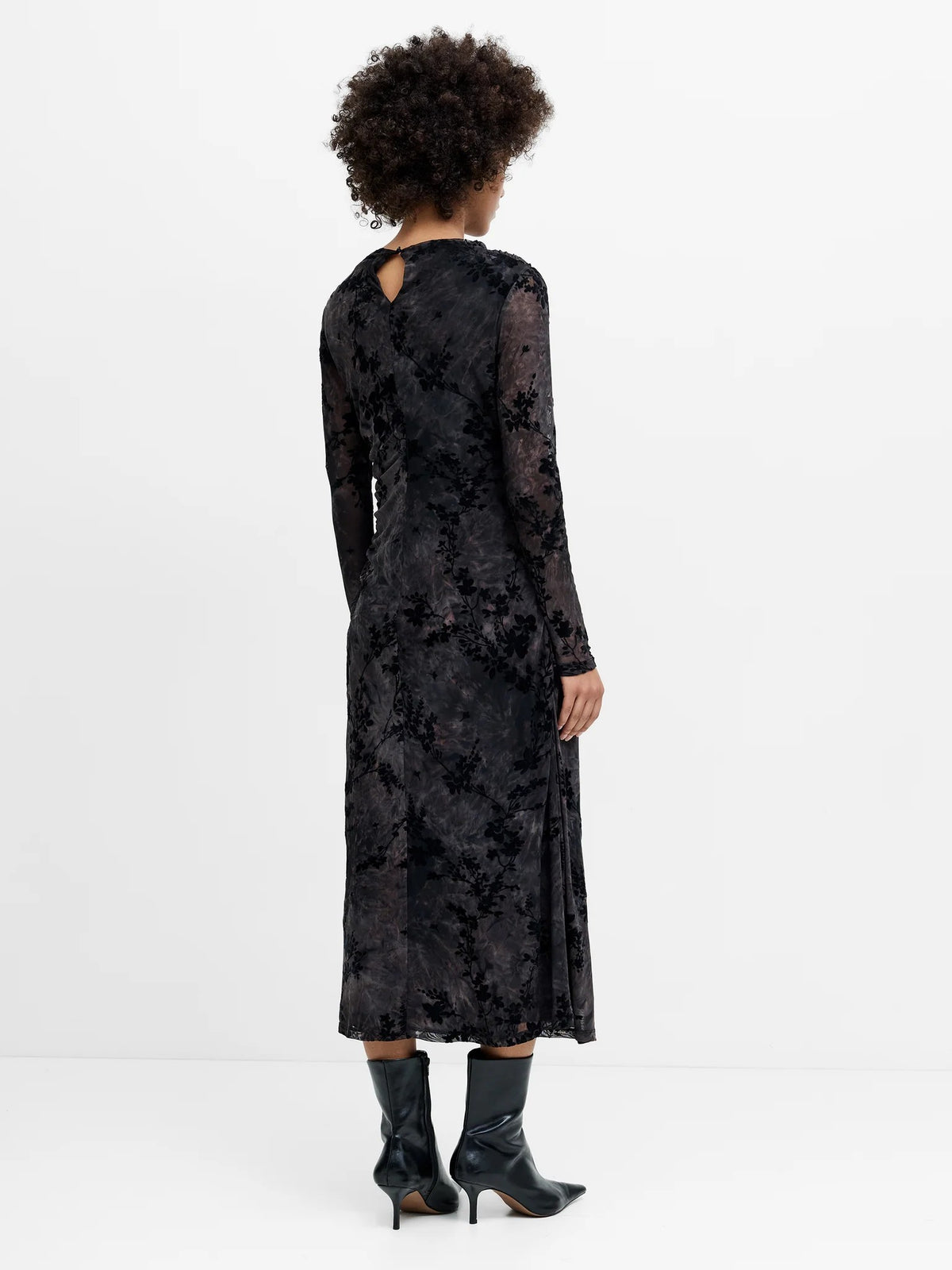 French Connection Kenny Floral Velvet Mesh Midi Dress In Black/Brown 71-W26-0106