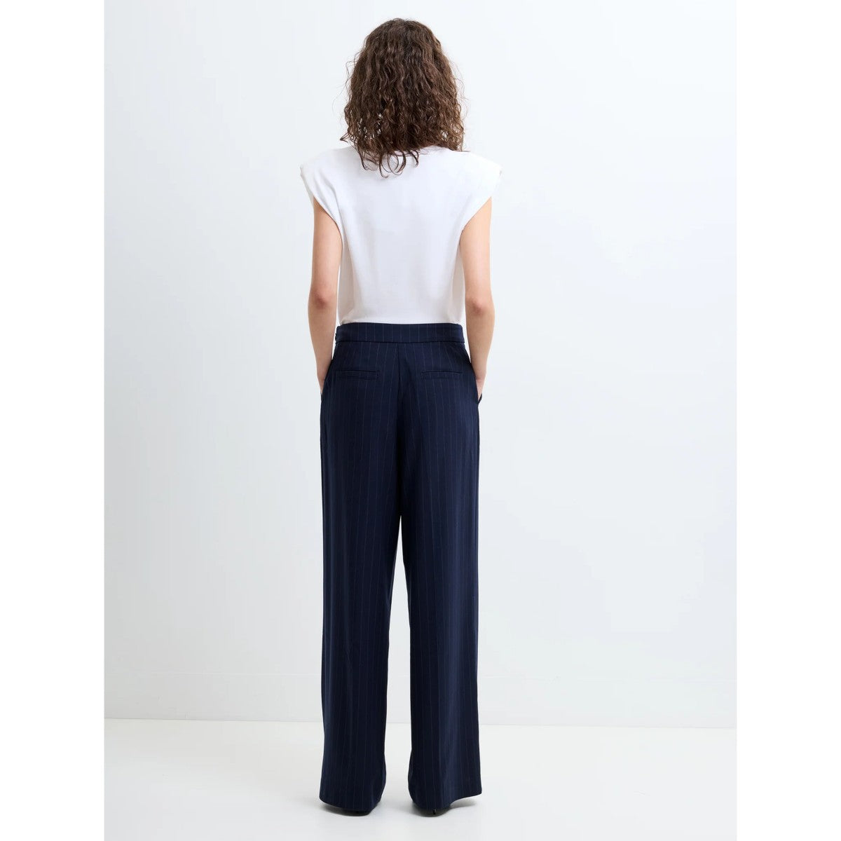 French Connection Alia Pinstripe Button Detail Wide Leg Trousers In Navy/Linen White