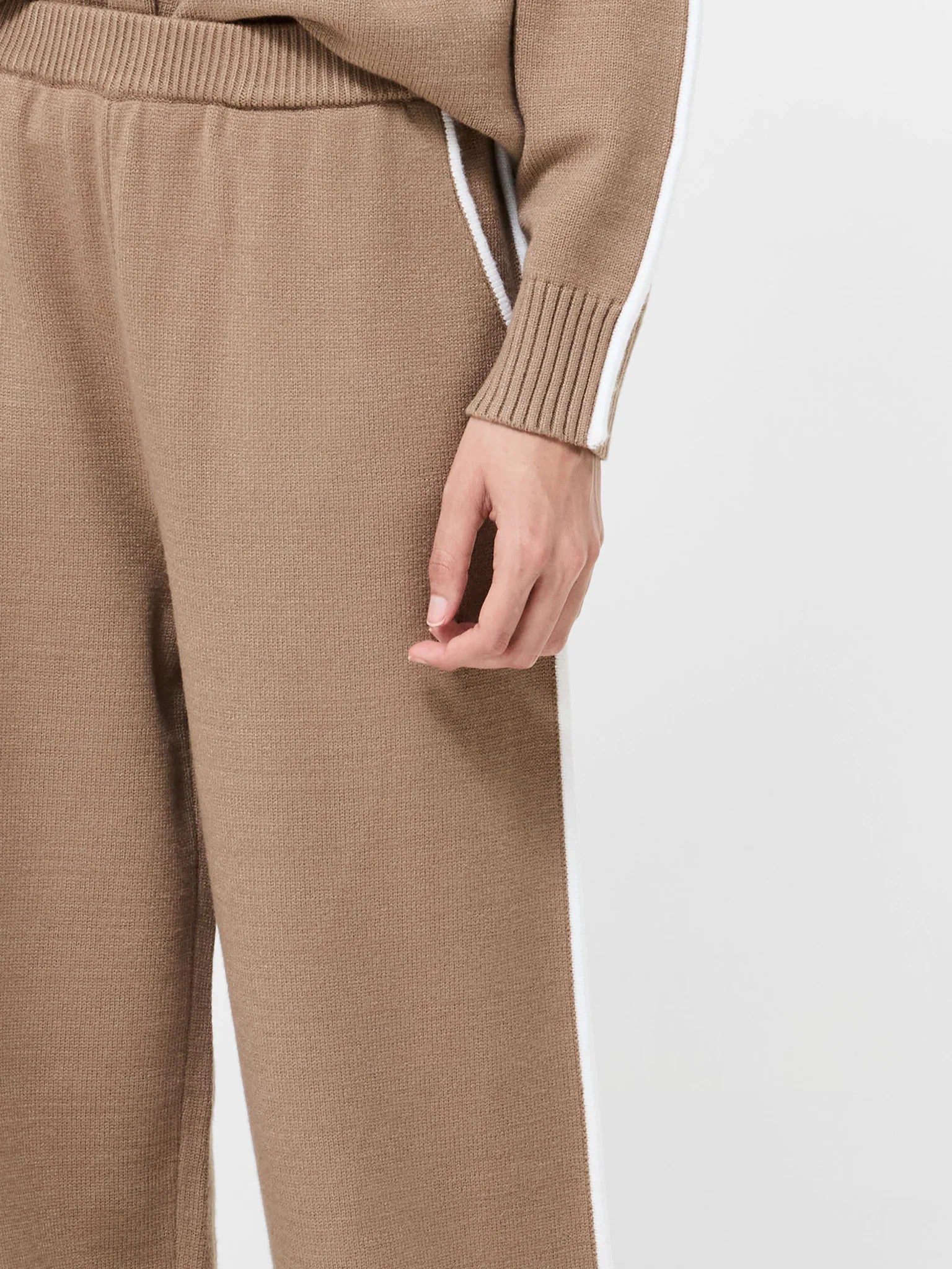 French Connection Jordan wide leg trousers camel porcelain cream contrast piping detail view