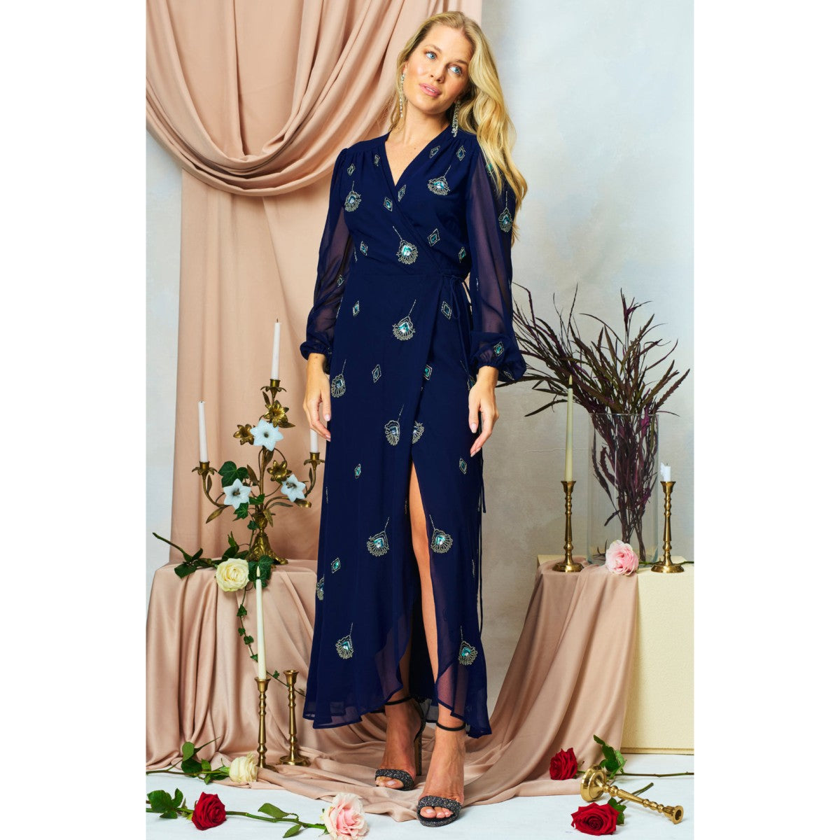 Hope &amp; Ivy The Harper Embellished Blouson Sleeve Maxi Wrap Dress