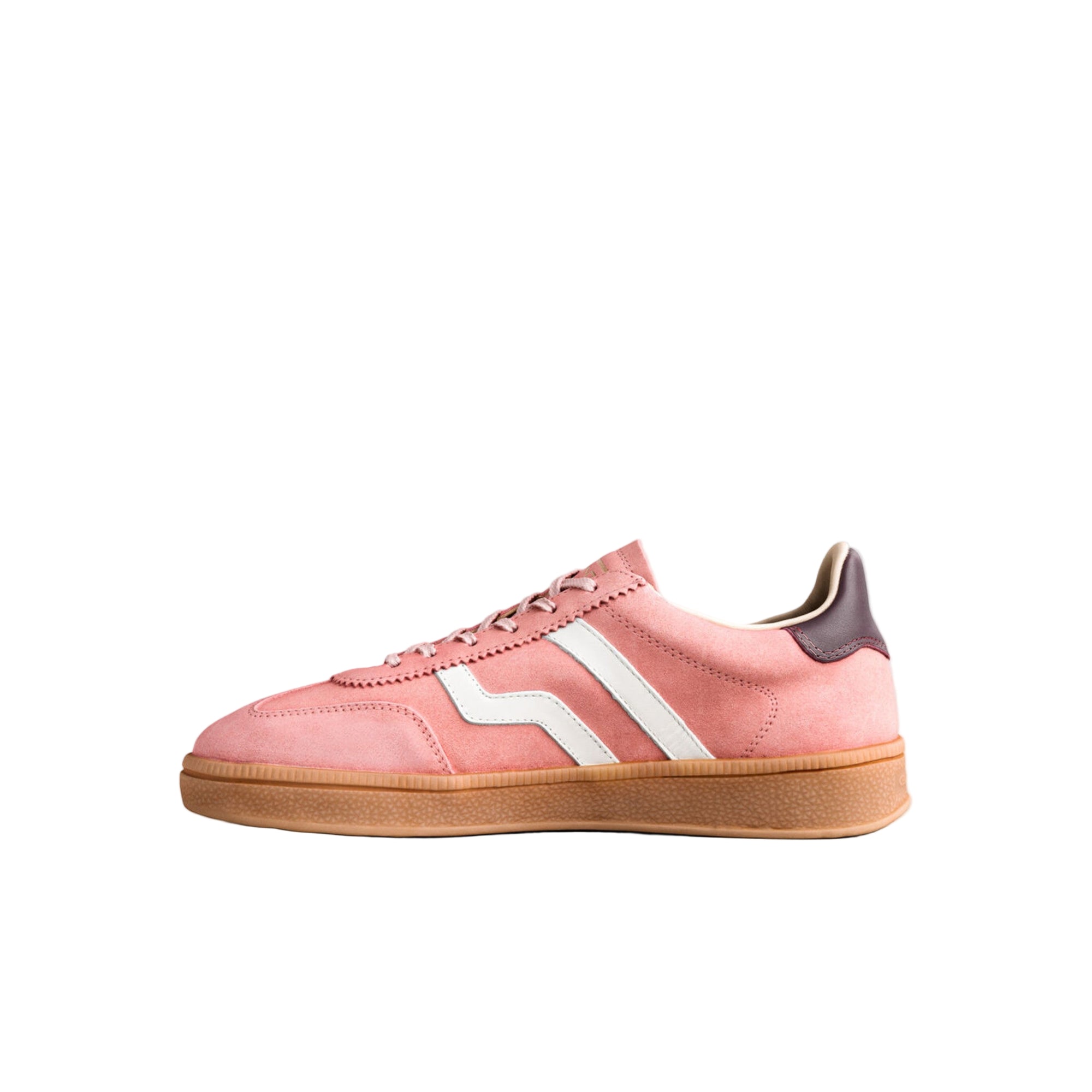 Pink sneaker with white stripes on a light gray background
