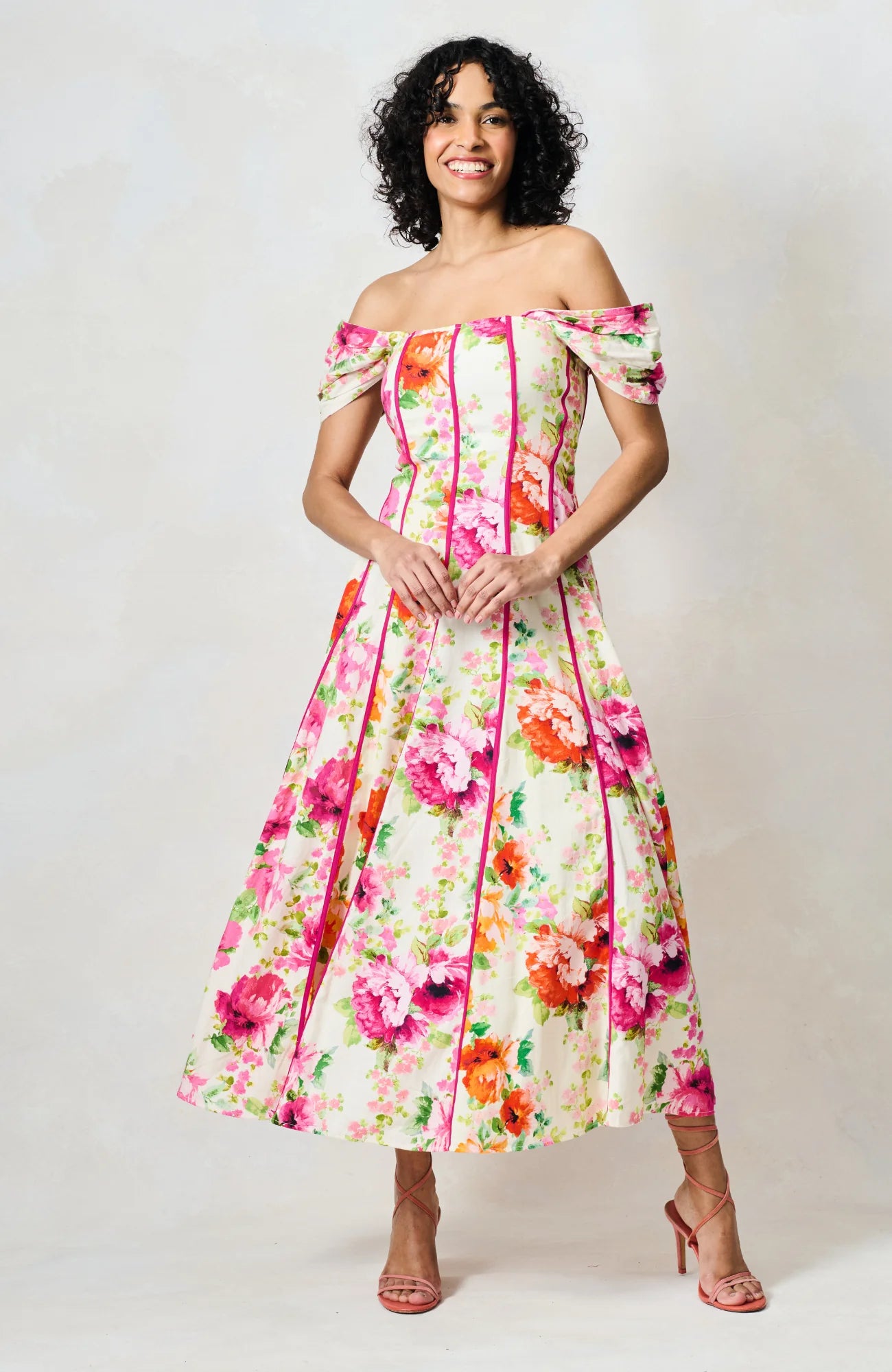 Hope &amp; Ivy The Shannon Bardot Sleeve Midi Dress In Pink Floral