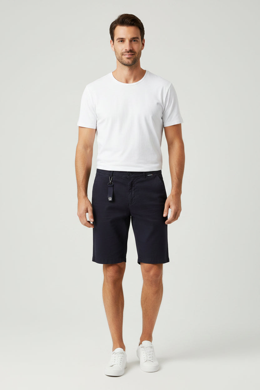 Navy shorts with a brand logo on a white background