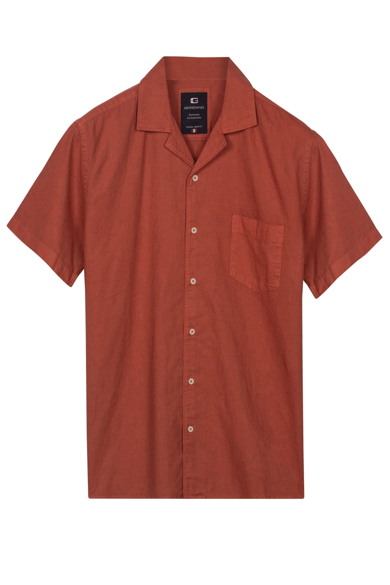 Giordano Cuban Collar Cotton Linen Shirt in Brick