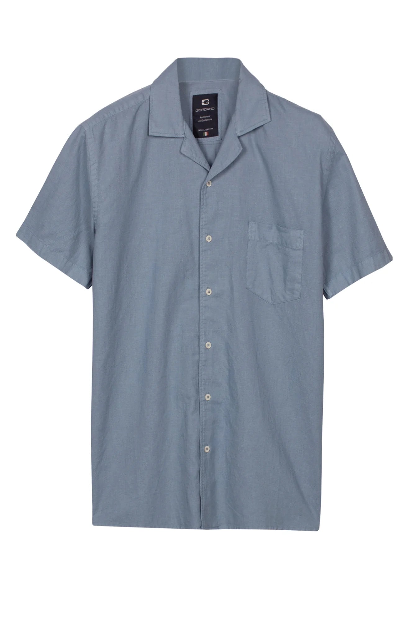 Giordano Cuban Collar Cotton Linen Shirt in Blue
