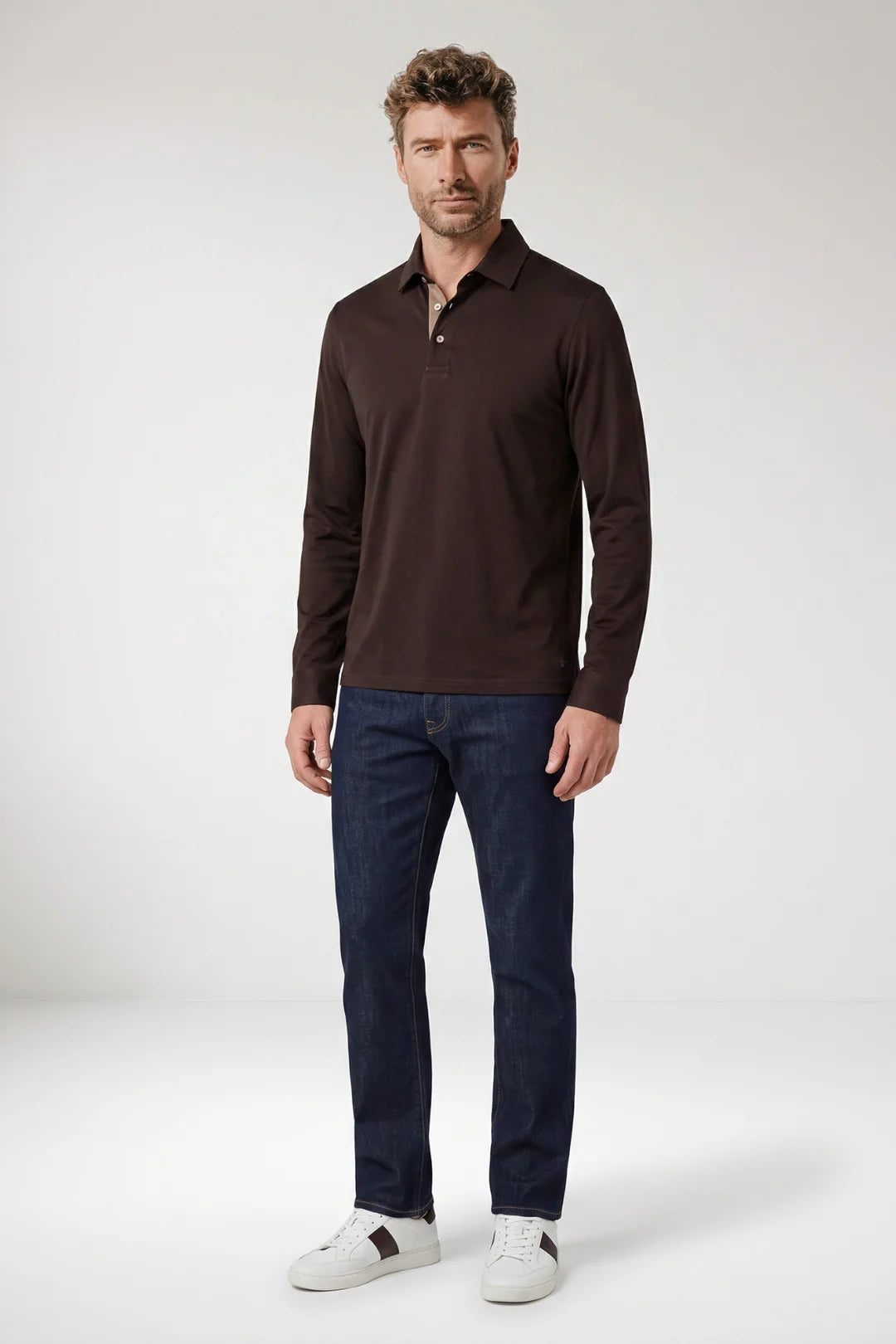 Giordano Luke Liquid Cotton Long Sleeve Polo in Dark Brown