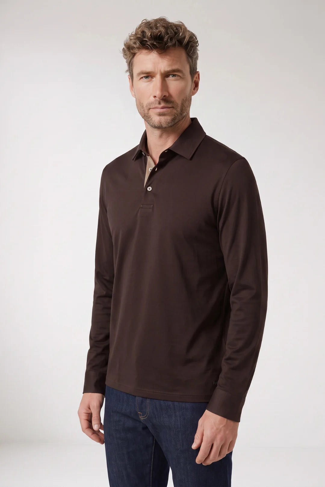 Giordano Luke Liquid Cotton Long Sleeve Polo in Dark Brown