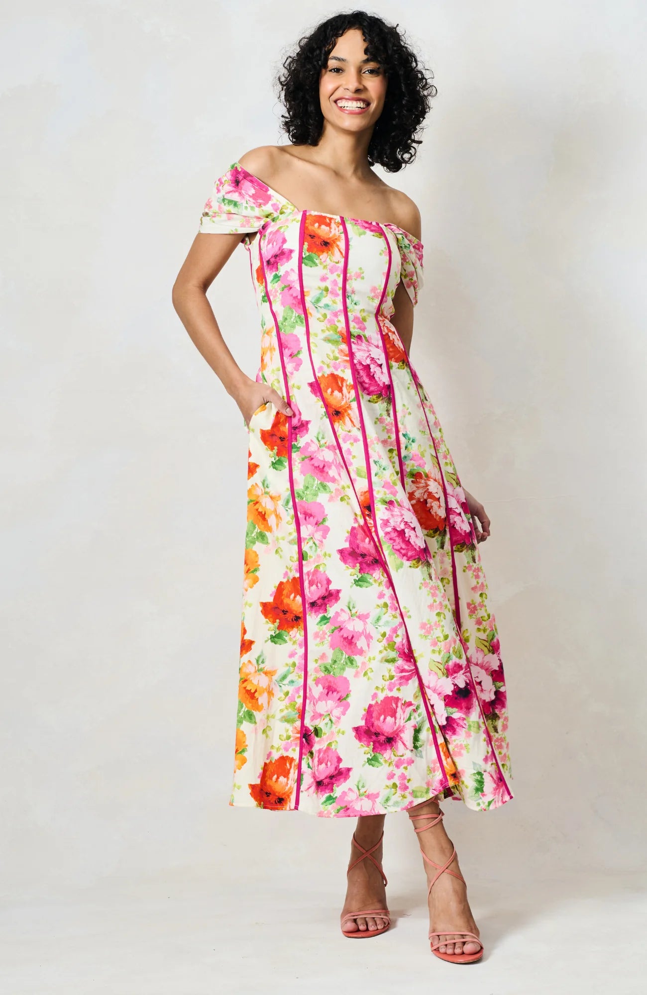 Hope &amp; Ivy The Shannon Bardot Sleeve Midi Dress In Pink Floral