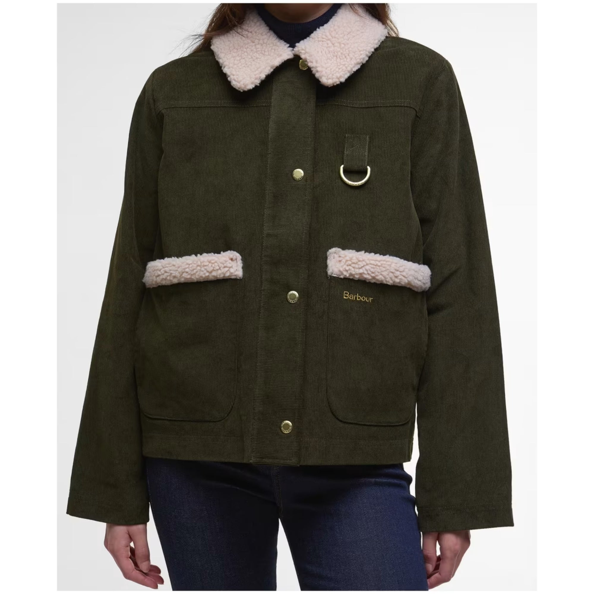 Green jacket with pink collar and cuffs on a white background