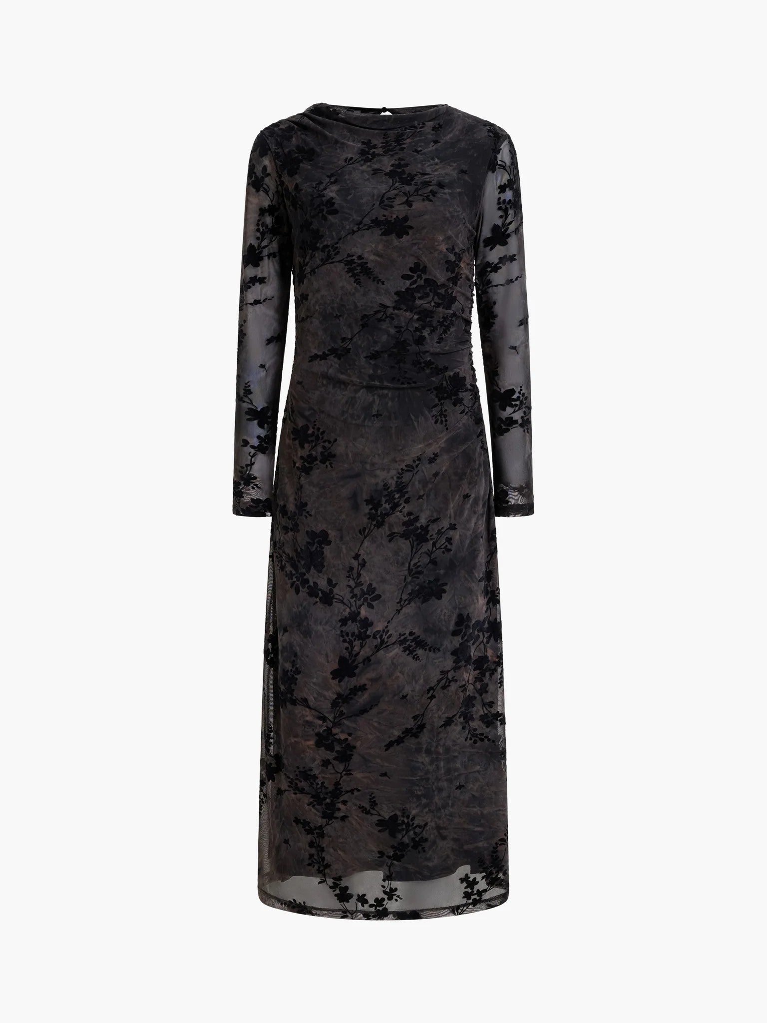 French Connection Kenny Floral Velvet Mesh Midi Dress In Black/Brown 71-W26-0106