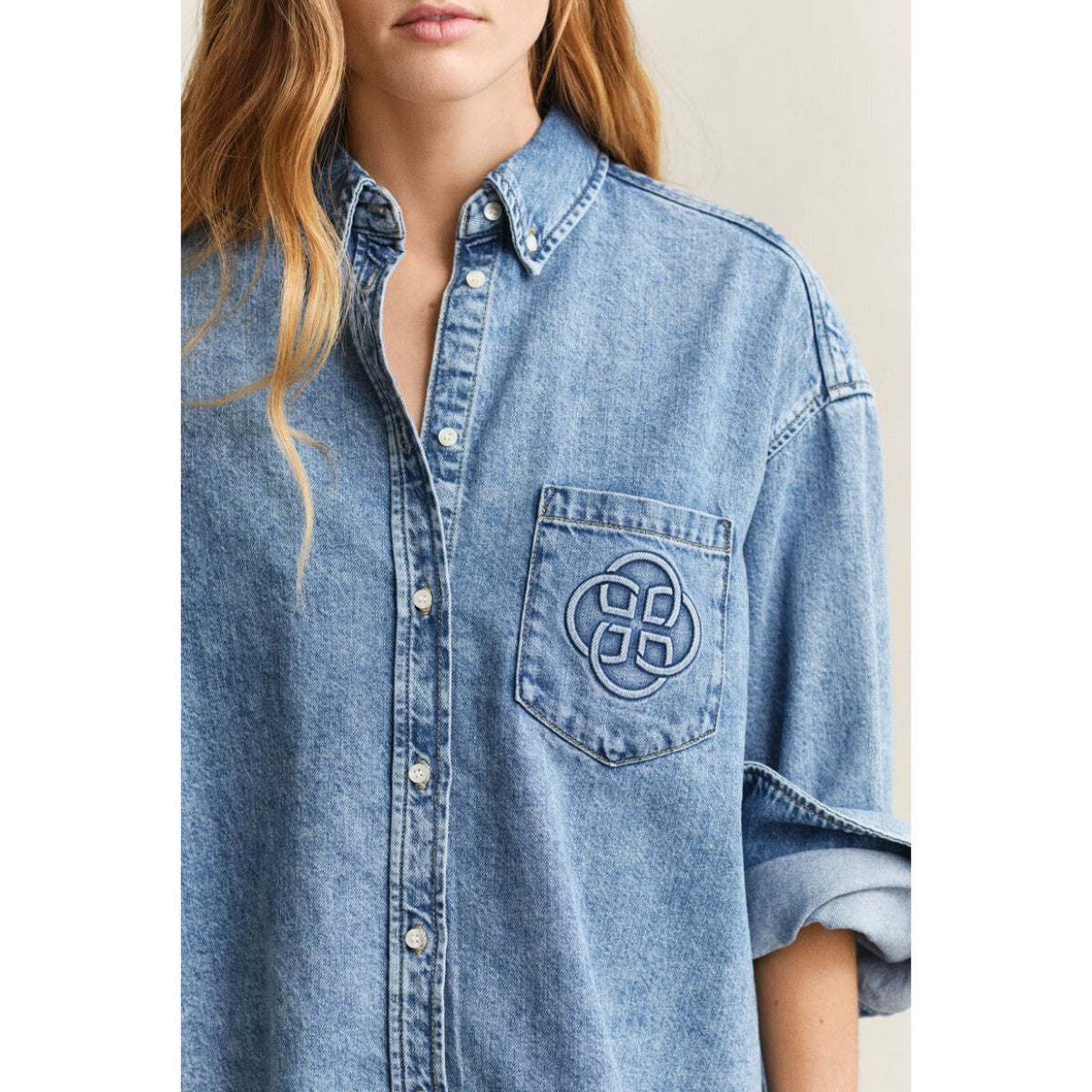GANT Embroidered Denim Shirt In Light Blue