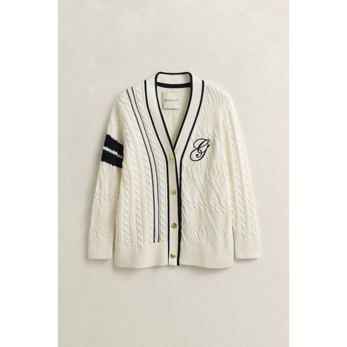 GANT Varsity Cable Knit Cardigan In Eggshell