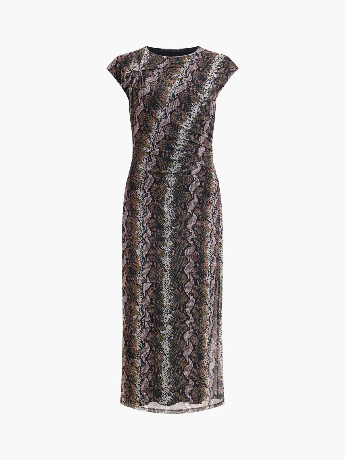 French Connection Lola Snakeskin Ruched Mesh Midi Dress In Black Multi 71-W26-0100
