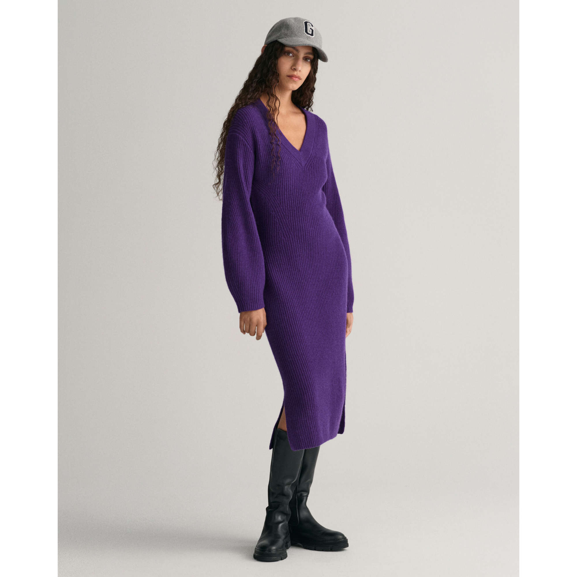 GANT Wool Rib V Neck Dress In Purple 2068
