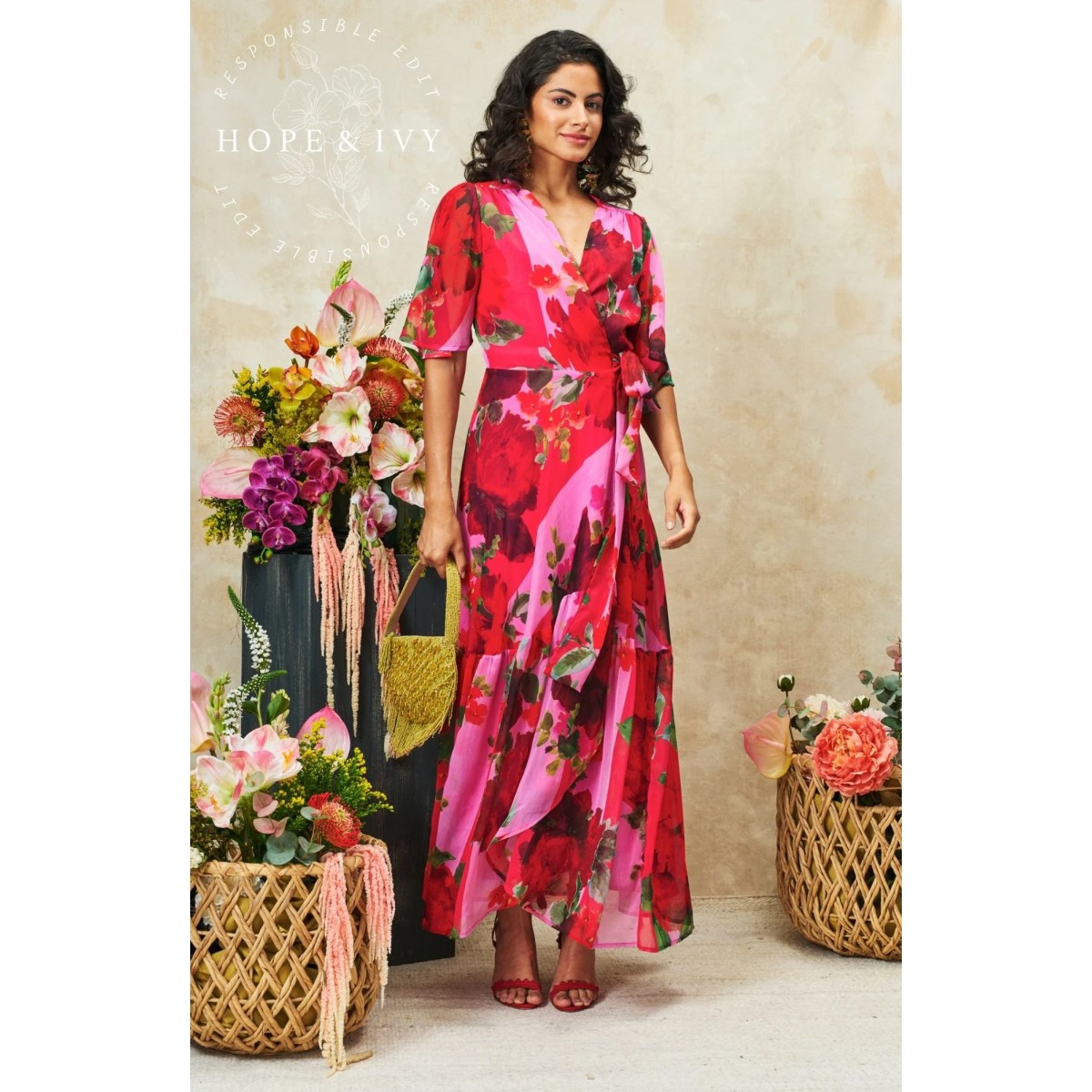 Hope &amp; Ivy The Rosanna Flutter Sleeve Maxi Wrap Dress In Red/Pink