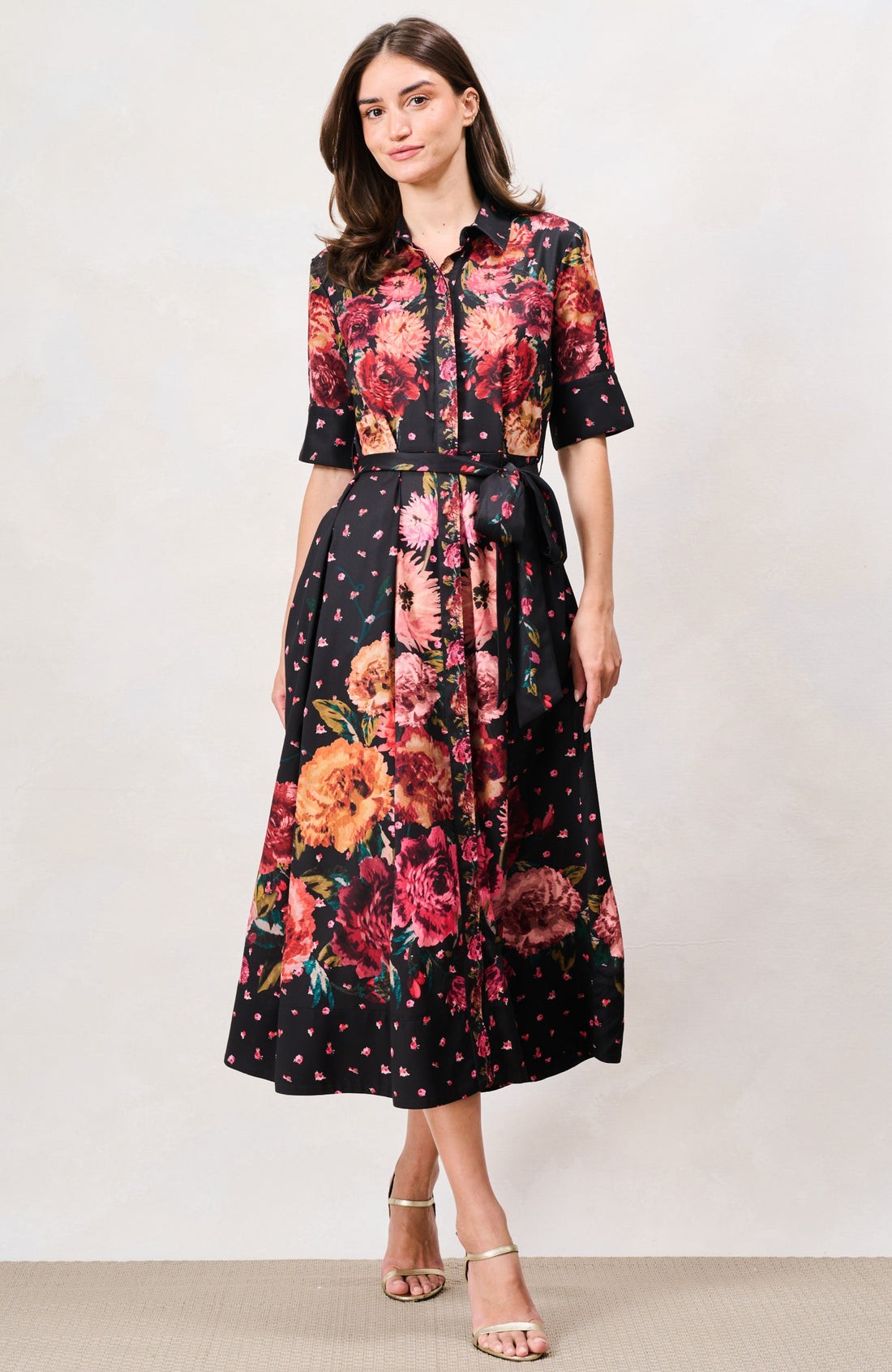 Hope &amp; Ivy The Merrielle Button Front Shirt Midi Dress with Tie Waist In Black Floral