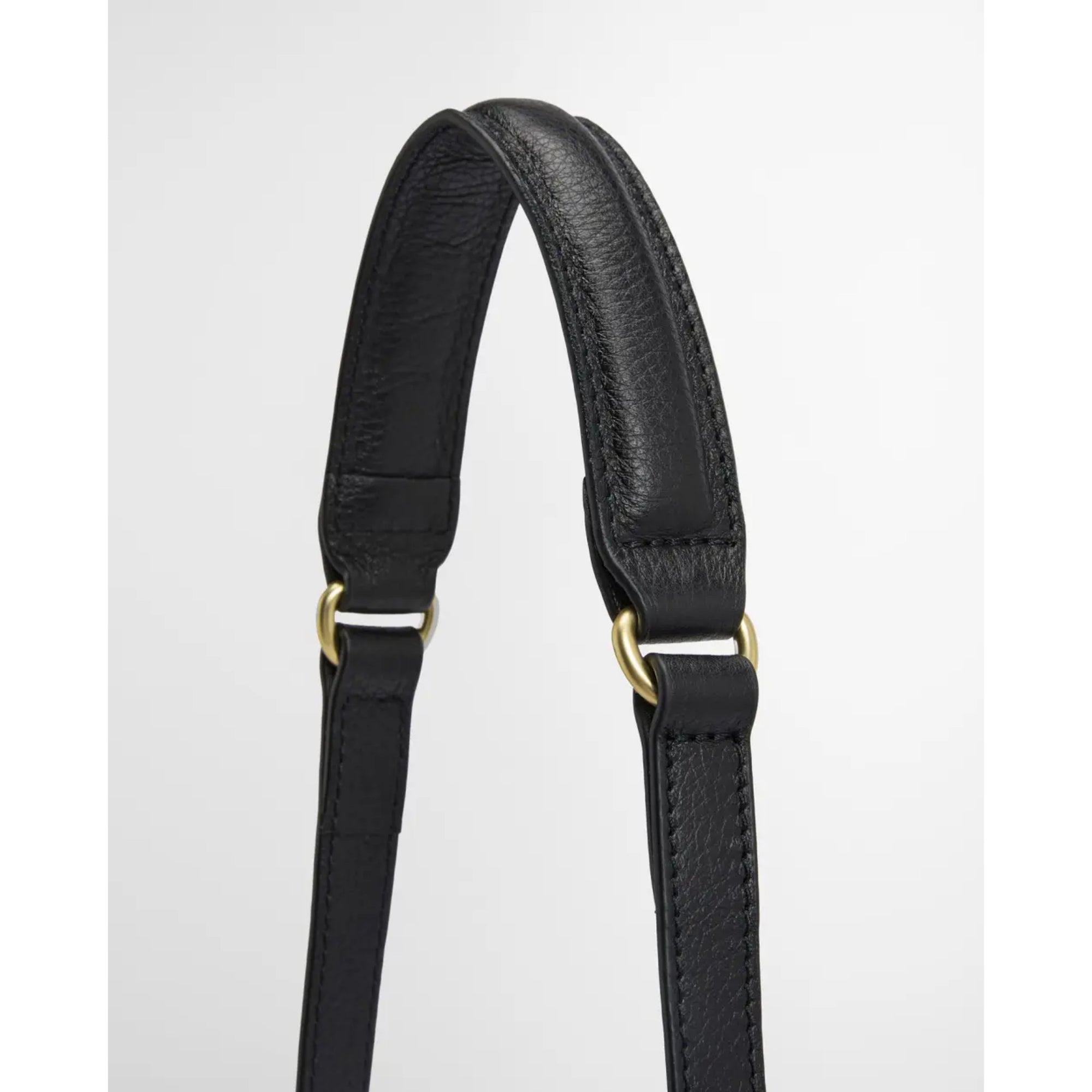 Black leather strap with gold hardware on a white background