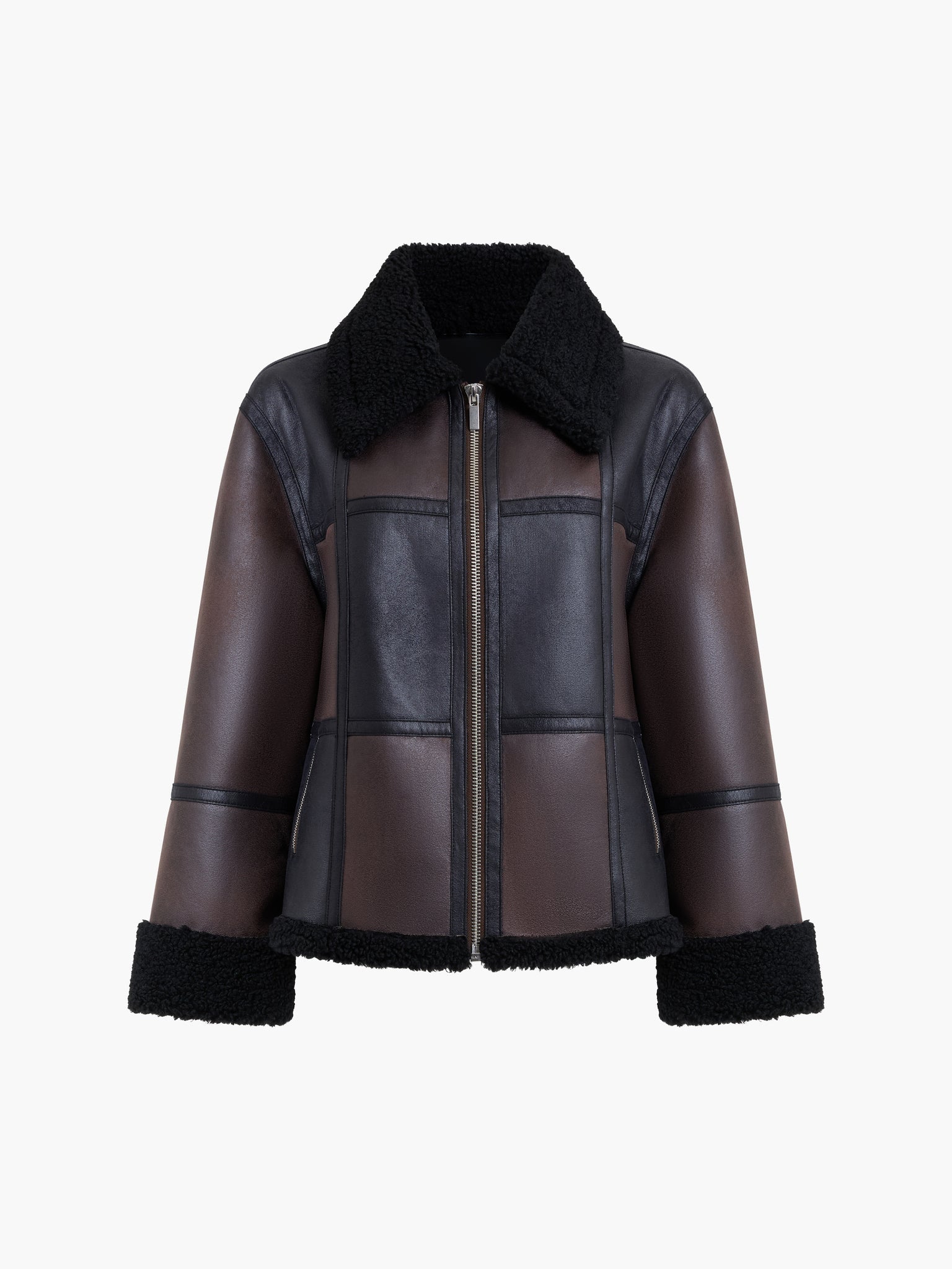 French Connection Camry Brown Faux Suede Faux Shearling Aviator Jacket