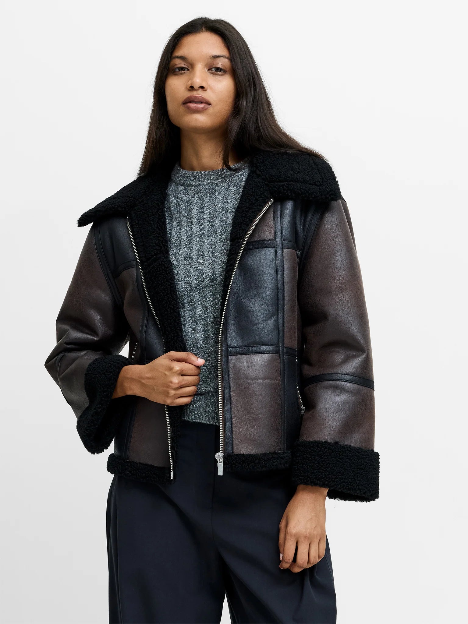 French Connection Camry Brown Faux Suede Faux Shearling Aviator Jacket