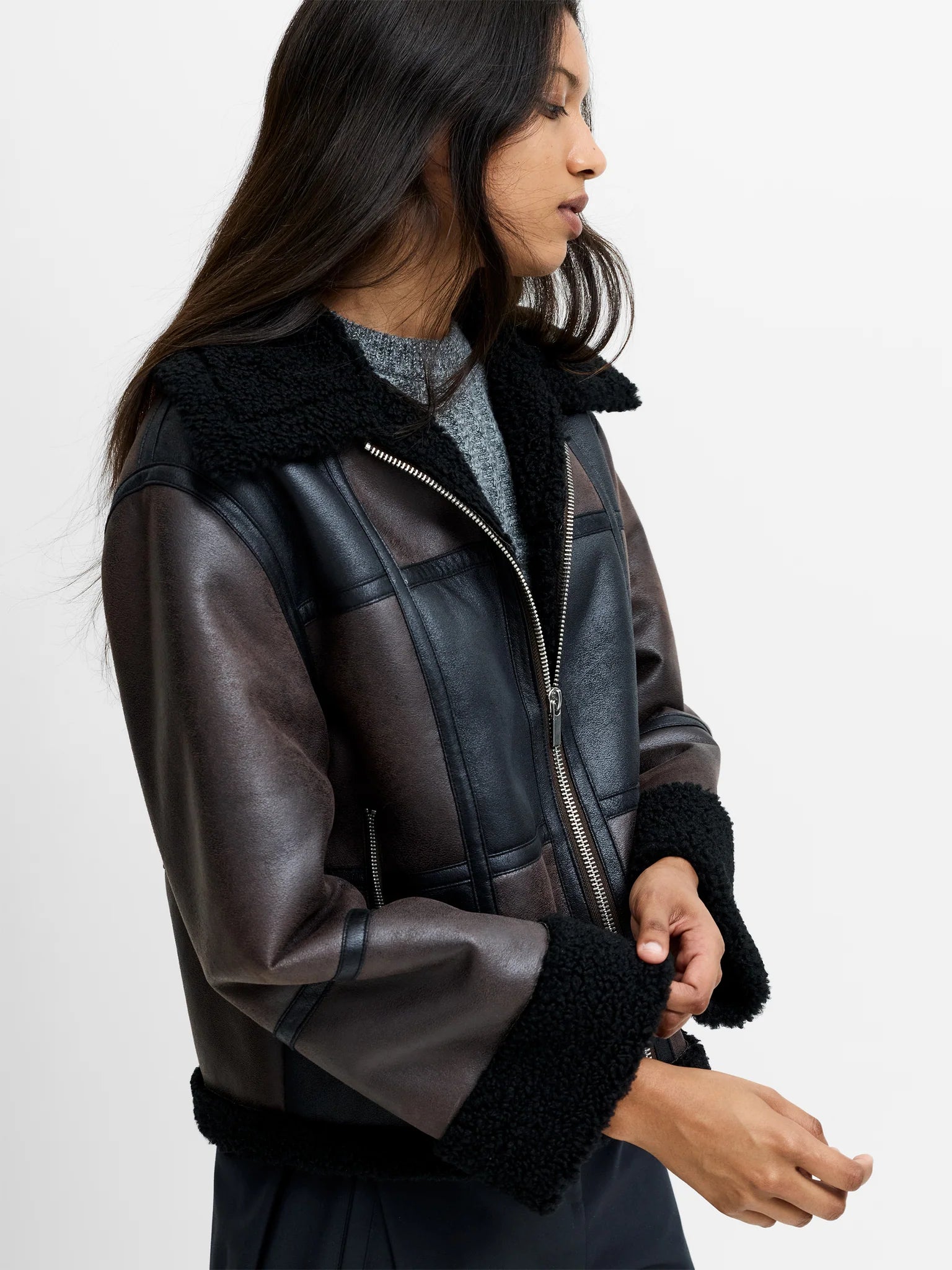 French Connection Camry Brown Faux Suede Faux Shearling Aviator Jacket
