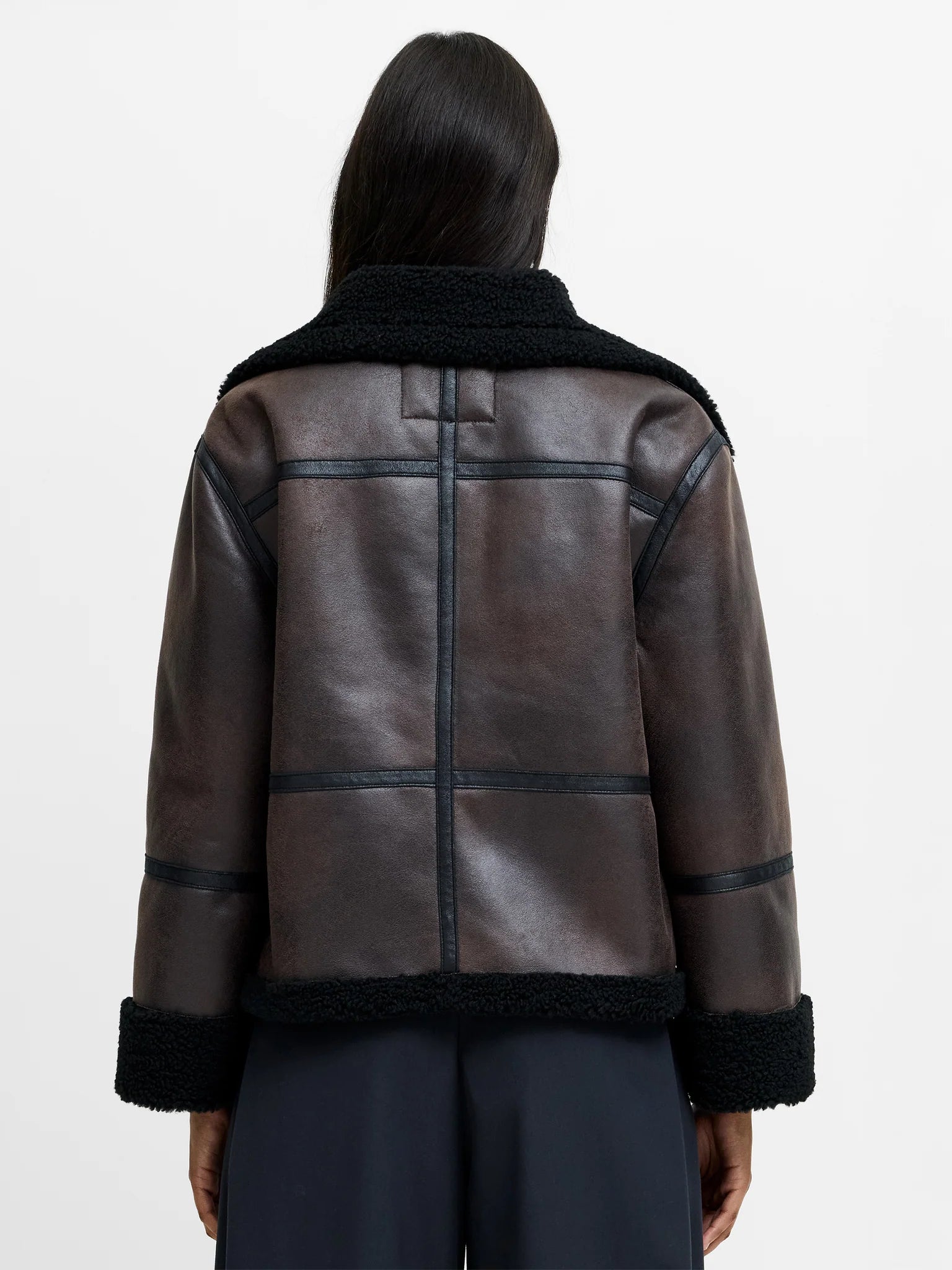 French Connection Camry Brown Faux Suede Faux Shearling Aviator Jacket