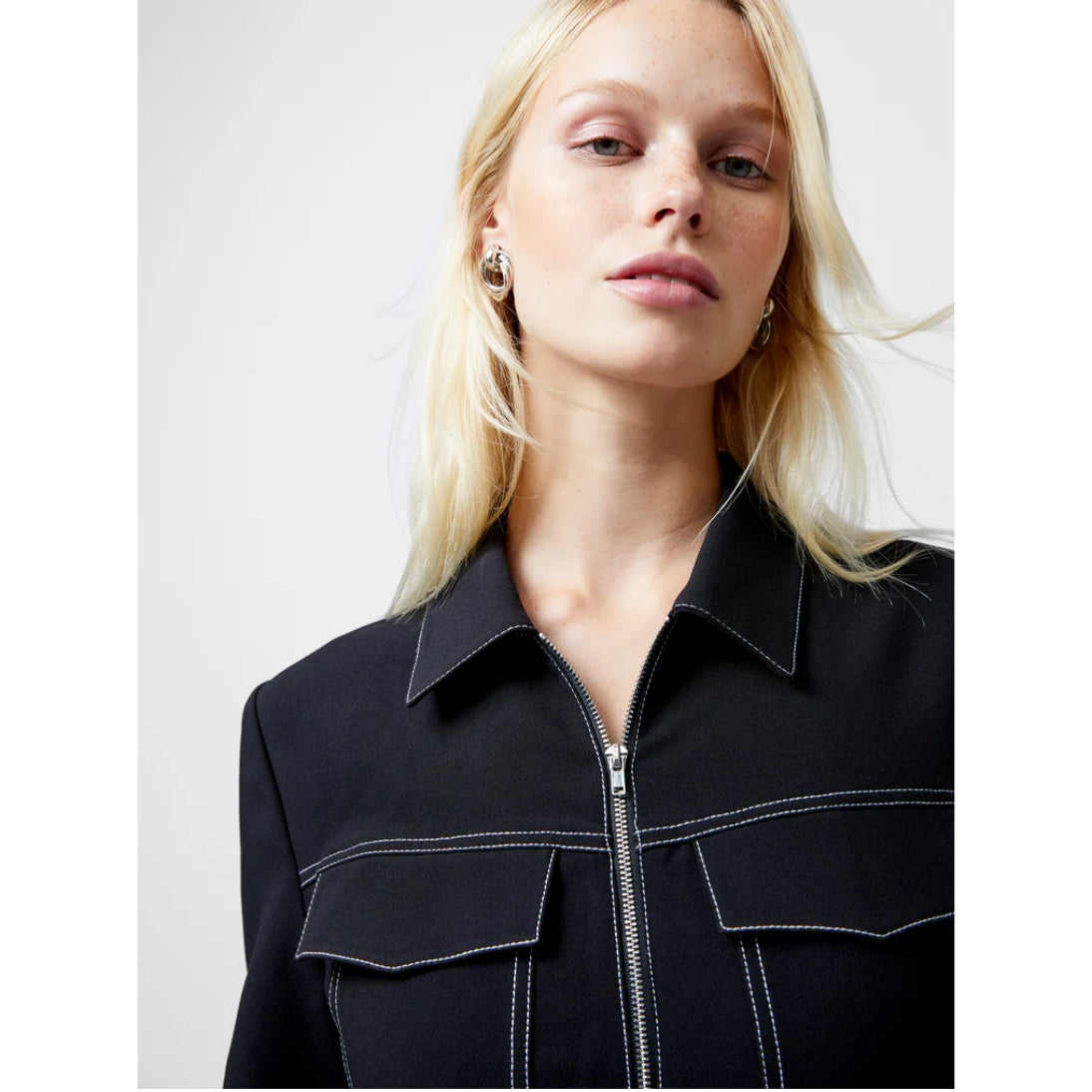 French Connection Azra Twill Contrast Stitching Mini Dress Black 71YDD