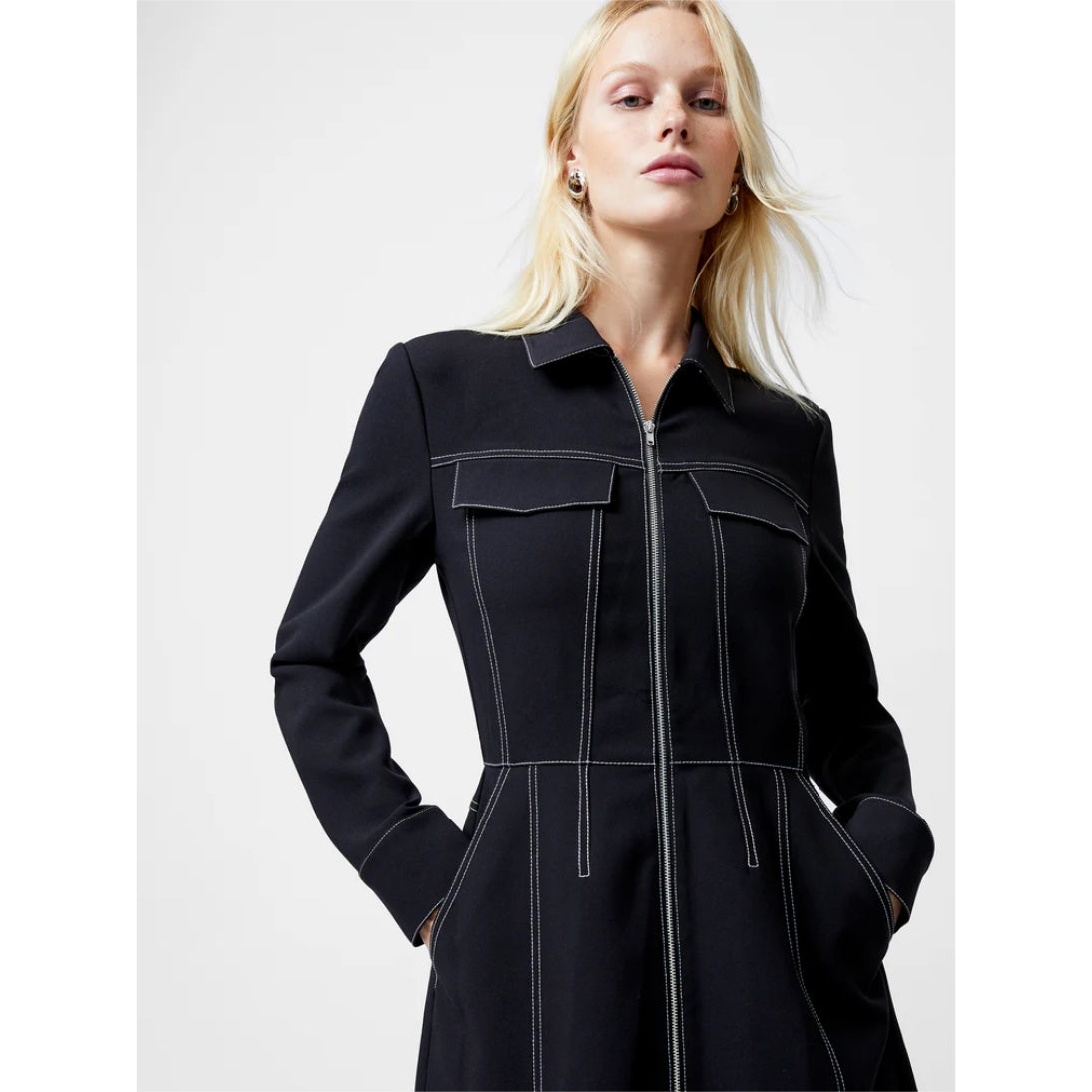 French Connection Azra Twill Contrast Stitching Mini Dress Black 71YDD