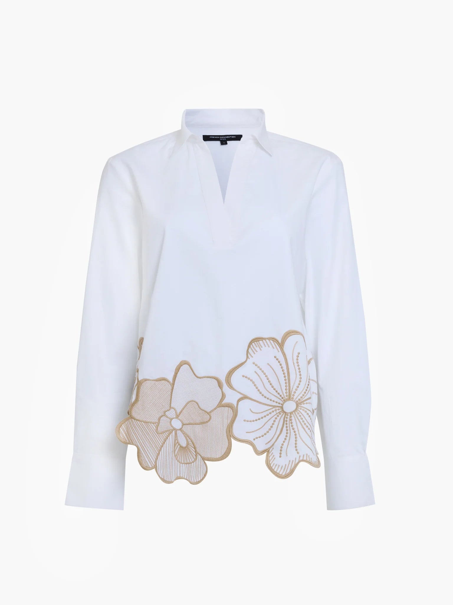 French Connection Cotton Floral Embroidered Hem White Popover Shirt