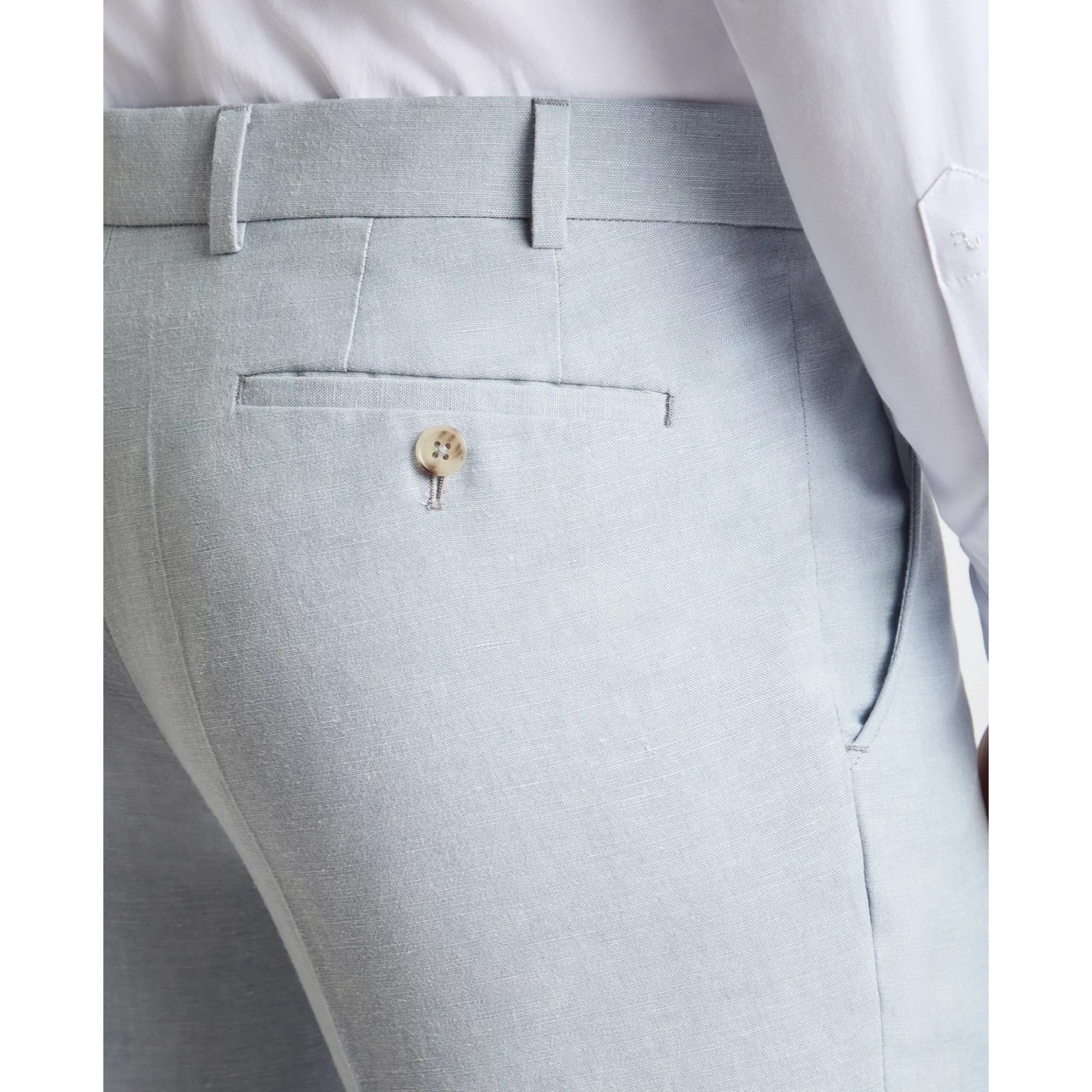 Close-up of light blue pants with a pocket detail on a white background
