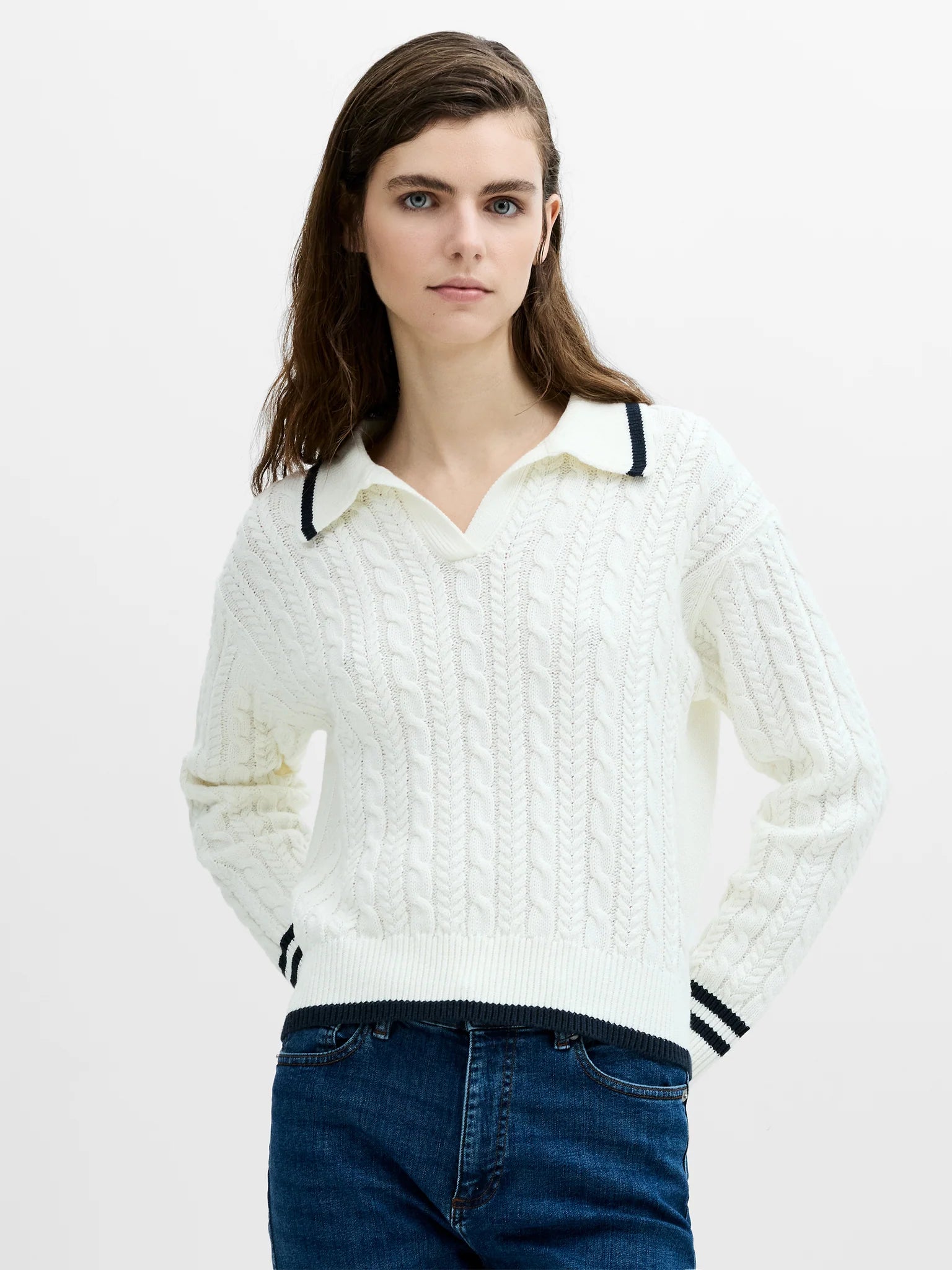 French Connection Klara White Cable Knit Polo Jumper in Winter White/New Navy