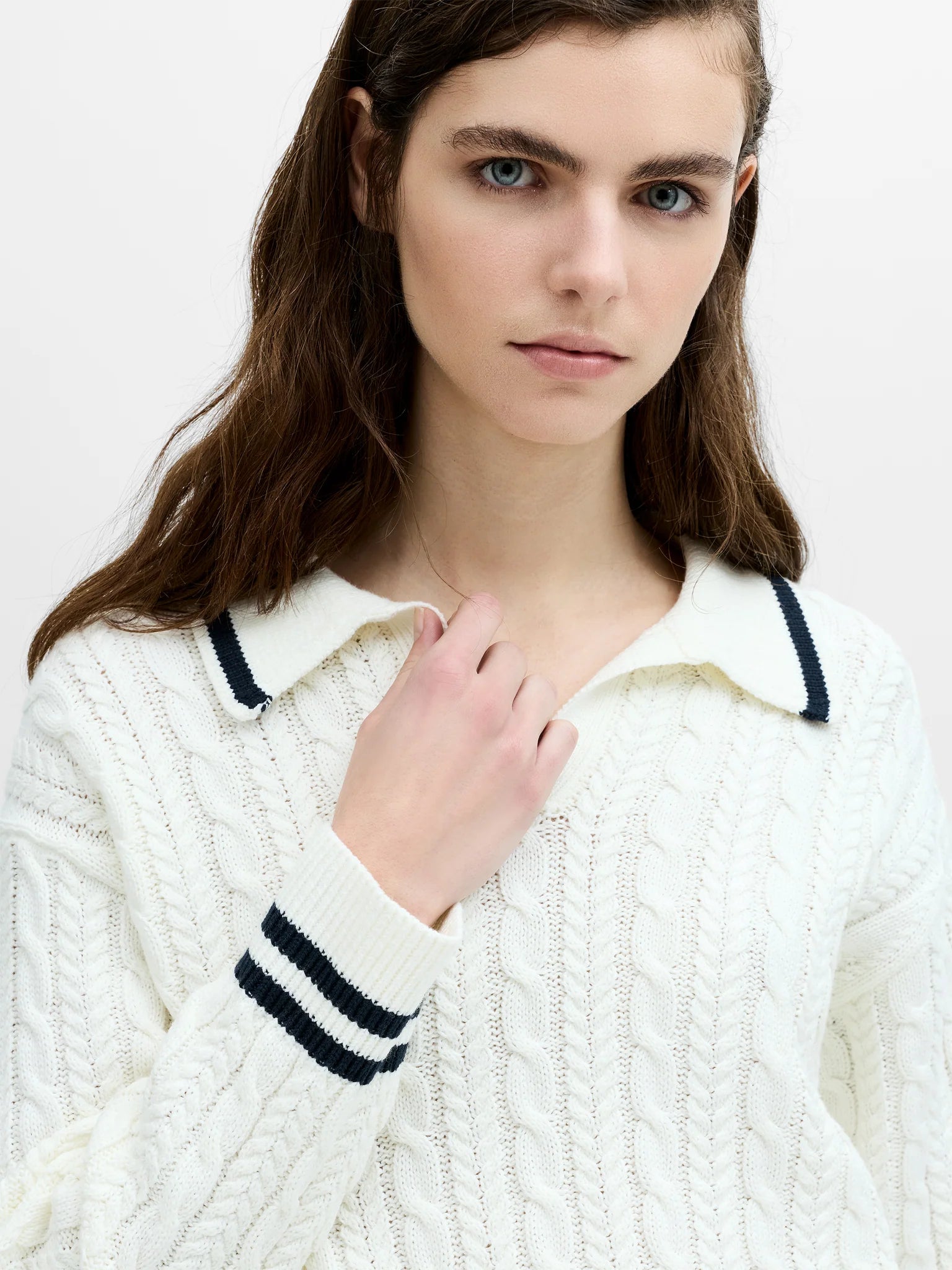 French Connection Klara White Cable Knit Polo Jumper in Winter White/New Navy