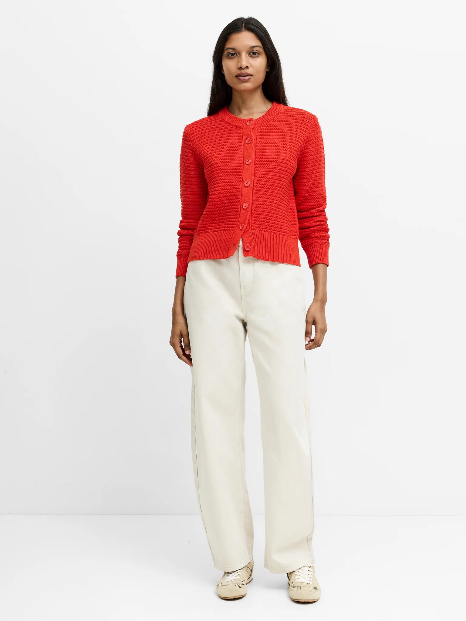 French Connection Lily Mozart Red Purl Knit Cardigan in Rouge Red