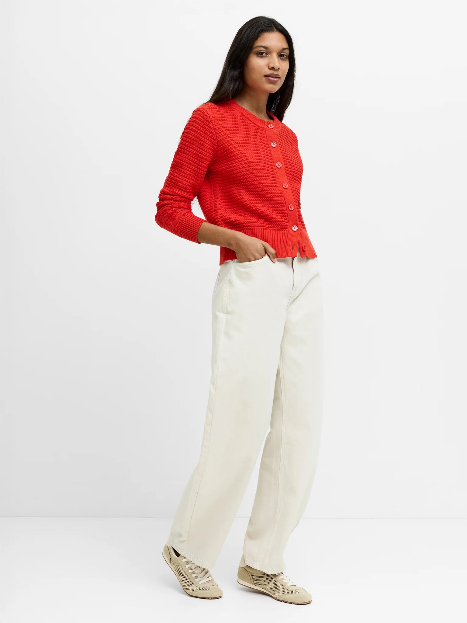 Women wearing French Connection Lily Mozart Red Purl Knit Cardigan in Rouge Red