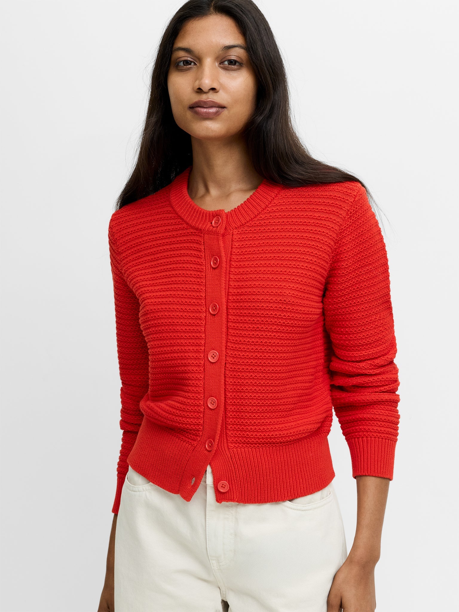 French Connection Lily Mozart Red Purl Knit Cardigan in Rouge Red
