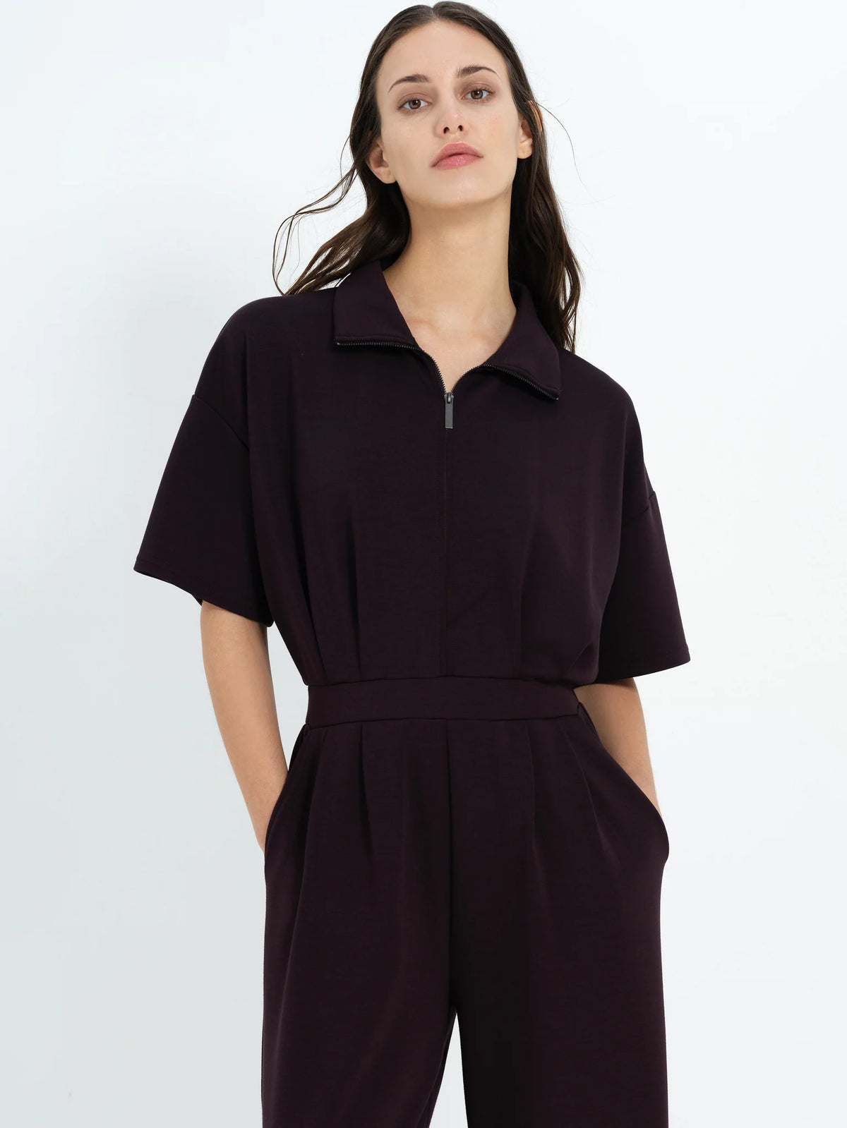 French Connection Wren Brown Half Zip Wide Leg Jumpsuit in Mocha Brown