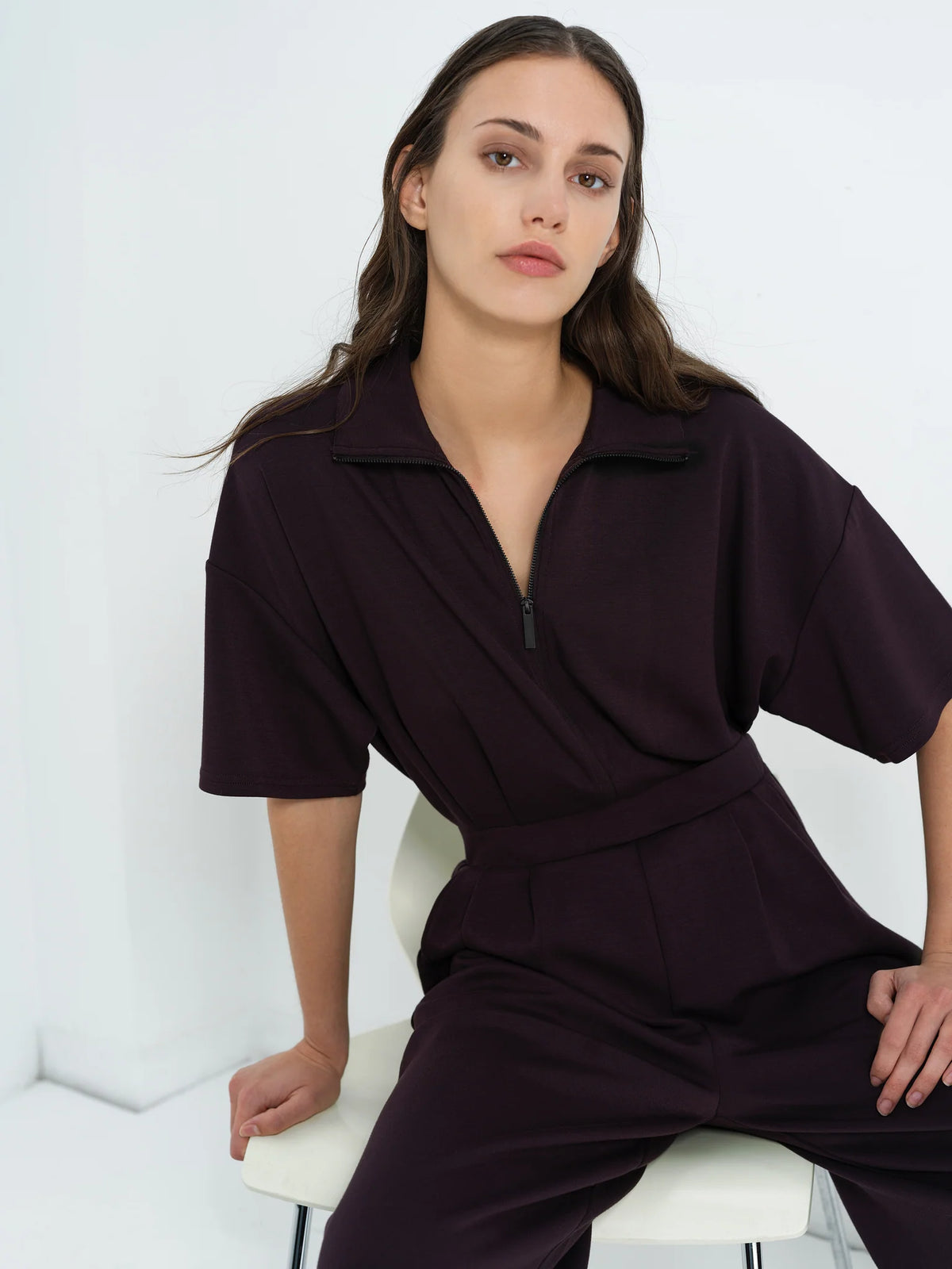 French Connection Wren Brown Half Zip Wide Leg Jumpsuit in Mocha Brown