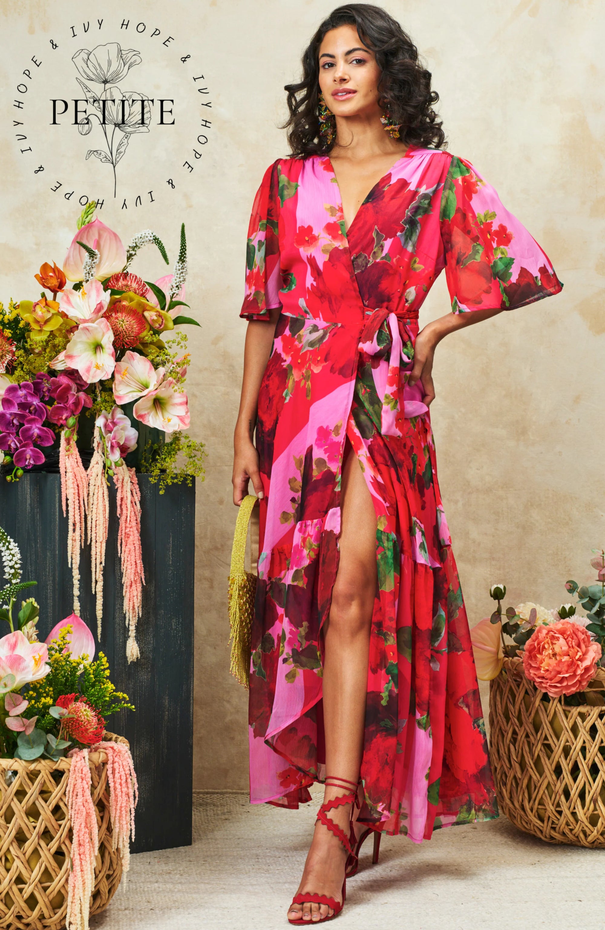 Hope &amp; Ivy Rosanna Petite Flutter Sleeve Maxi Dress In Red/Pink