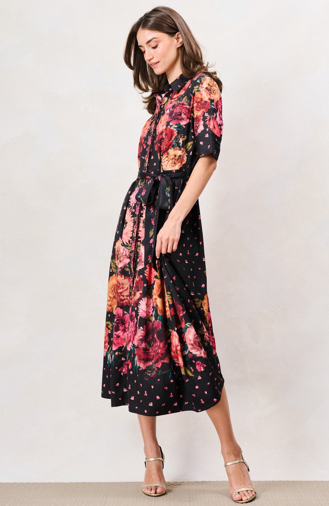 Hope &amp; Ivy The Merrielle Button Front Shirt Midi Dress with Tie Waist In Black Floral