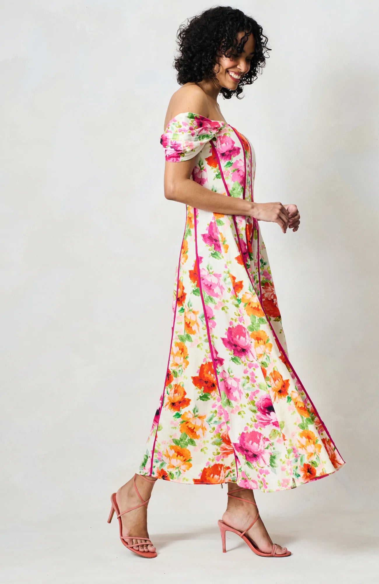 Hope &amp; Ivy The Shannon Bardot Sleeve Midi Dress In Pink Floral