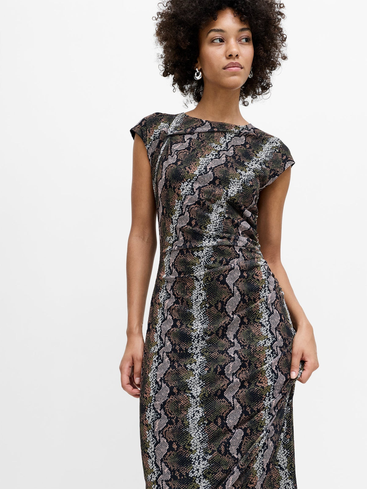 French Connection Lola Snakeskin Ruched Mesh Midi Dress In Black Multi 71-W26-0100