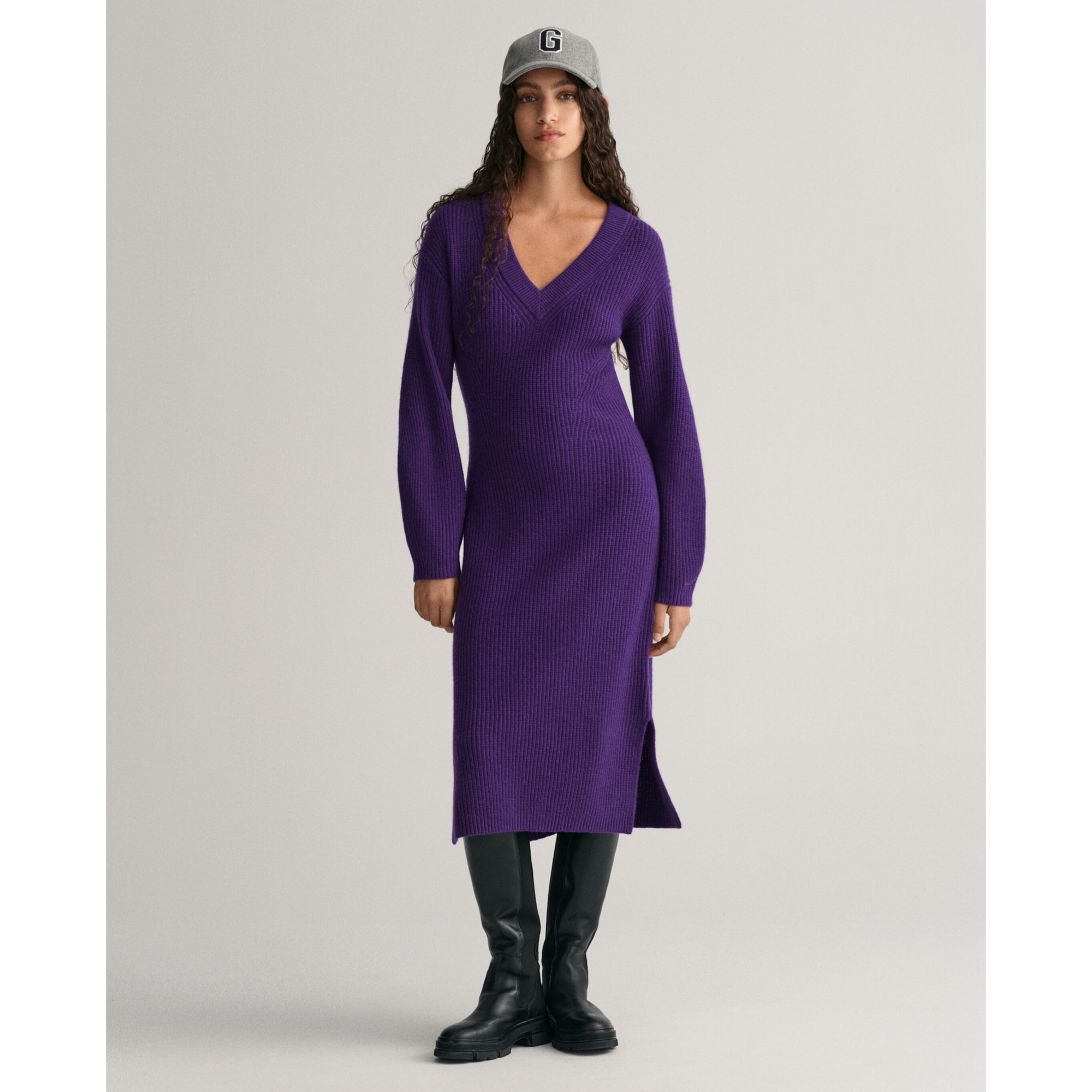 GANT Wool Rib V Neck Dress In Purple 2068