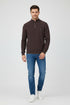 Brown sweater with button details on a white background
