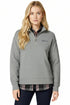 Woman wearing a gray quarter-zip sweatshirt with a GANT logo on a white background
