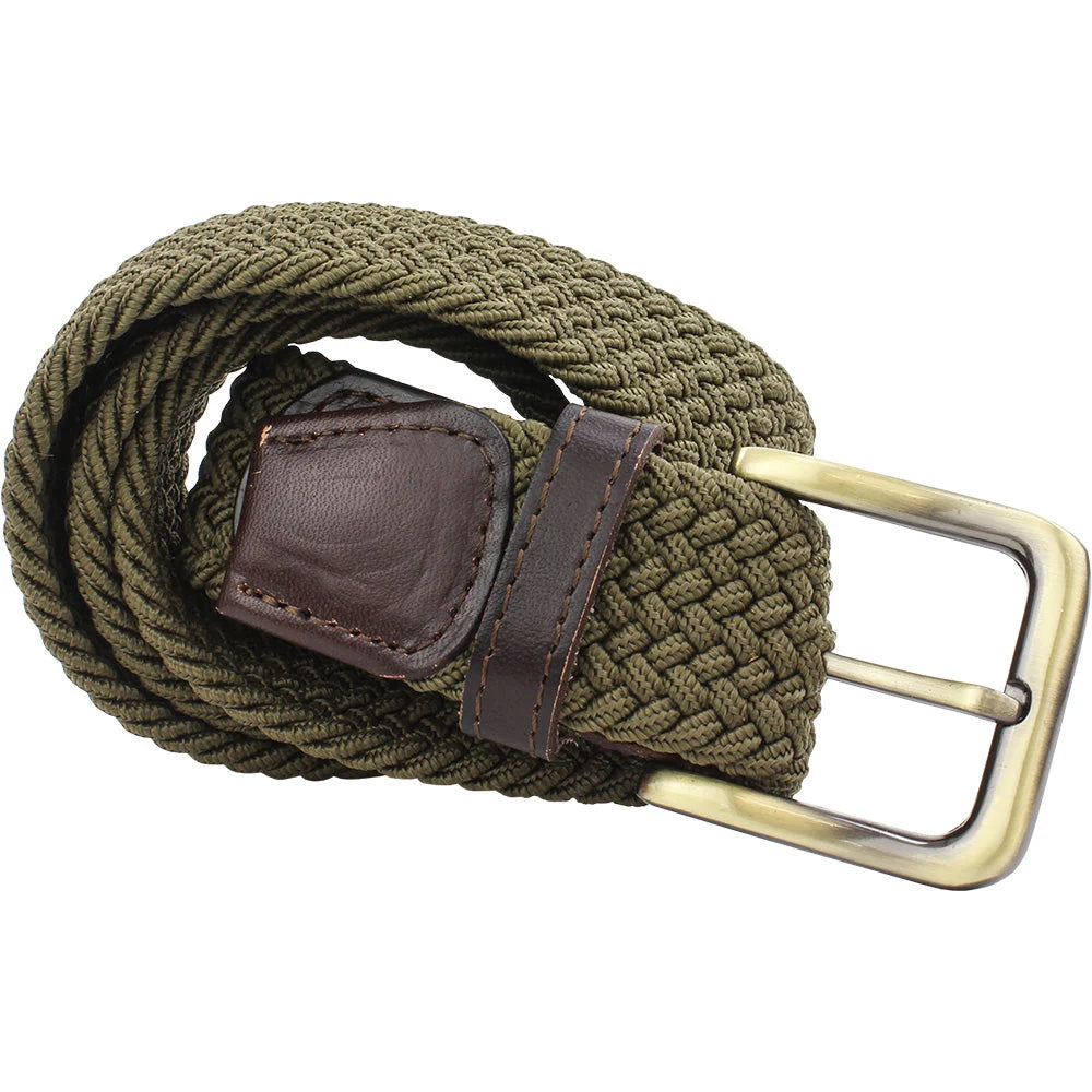 Green braided belt with a brass buckle on a white background