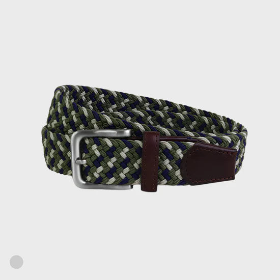 Woven belt with a silver buckle on a light gray background