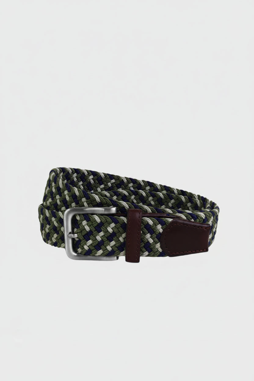 Woven belt with a silver buckle on a light gray background