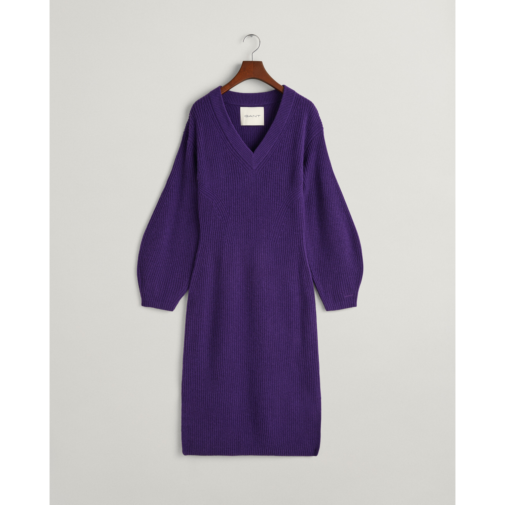 GANT Wool Rib V Neck Dress In Purple 2068