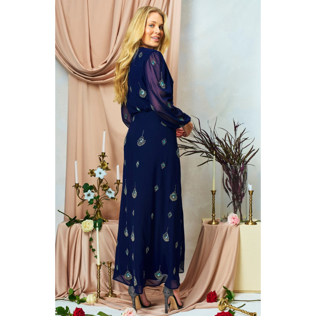 Hope &amp; Ivy The Harper Embellished Blouson Sleeve Maxi Wrap Dress